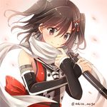  bangs brown_eyes brown_hair cherry_blossoms double-breasted elbow_gloves eyebrows_visible_through_hair gloves gradient gradient_background hair_between_eyes hair_ornament holding holding_torpedo kantai_collection looking_at_viewer remodel_(kantai_collection) scarf sendai_(kantai_collection) serino_itsuki short_hair sleeveless smile solo torpedo twitter_username two_side_up upper_body white_scarf 