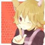  animal_ears bad_id bad_pixiv_id blonde_hair blush heart looking_at_viewer one_eye_closed pixiv_id_2076517 short_hair solo turtleneck urotsuki wolf_ears yume_2kki 