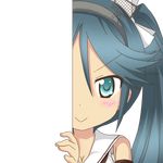  :&gt; black_hair blue_eyes breasts cleavage eyebrows_visible_through_hair hair_ribbon hairband isuzu_(kantai_collection) kantai_collection long_hair looking_at_viewer medium_breasts nagineko peeking_out radar ribbon school_uniform serafuku solo transparent_background v-shaped_eyebrows 