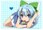  artist_name blue_eyes blue_hair blush_stickers bow cirno dated food hair_bow heart looking_at_viewer lying mouth_hold ochazuke on_stomach popsicle short_hair solo sweat touhou watermelon_bar 