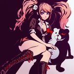  animal_hair_ornament bear_hair_ornament black_footwear blue_eyes boots bow breasts cleavage cross-laced_footwear danganronpa danganronpa_1 enoshima_junko hair_ornament ilya_kuvshinov lace-up_boots long_hair medium_breasts monokuma necktie pink_hair pleated_skirt school_uniform skirt sleeves_rolled_up smile solo spoilers twintails 