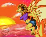 2014 anthro breasts claws clothing cloud darkfoxen dragon female horn looking_at_viewer open_mouth outside scales sea sky smile solo stars sun sunset water wings 