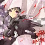  akemi_homura black_hair blanket dress flower funeral_dress long_hair looking_at_viewer mahou_shoujo_madoka_magica mahou_shoujo_madoka_magica_movie purple_eyes simple_background solo spider_lily 