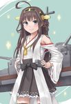  &gt;:) ahoge bad_id bad_pixiv_id bare_shoulders black_skirt blush brown_eyes detached_sleeves double_bun frilled_skirt frills grey_eyes hairband hands_on_hips headgear japanese_clothes kantai_collection kongou_(kantai_collection) looking_at_viewer machinery nontraditional_miko pleated_skirt ribbon-trimmed_sleeves ribbon_trim skirt smile solo thighhighs v-shaped_eyebrows wide_sleeves yuyuzuki_(yume_usagi) zettai_ryouiki 