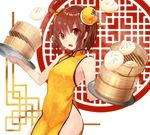  :o ahoge bamboo_steamer banned_artist baozi bare_shoulders brown_eyes brown_hair bun_cover china_dress chinese_clothes covered_navel dress flat_chest food hair_bun linne no_panties short_hair solo under_night_in-birth yusano 