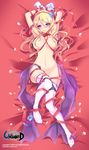  arms_up bad_id bad_pixiv_id bed_sheet blonde_hair blush breasts deeple gloves large_breasts long_hair looking_at_viewer lying naked_ribbon navel on_back purple_eyes ribbon solo thighhighs unleashed white_gloves 