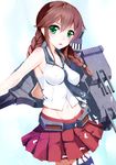  armpits bad_id bad_pixiv_id braid brown_hair green_eyes groin henet_hene kantai_collection long_hair looking_at_viewer machinery navel noshiro_(kantai_collection) open_mouth pleated_skirt school_uniform serafuku skirt solo turret twin_braids 