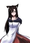  absurdres animal_ears breasts brown_hair collarbone dress highres imaizumi_kagerou jewelry jin_taira long_hair looking_at_viewer medium_breasts red_eyes simple_background smile solo touhou very_long_hair white_background wolf_ears 