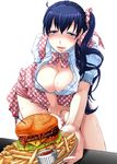  apron blue_eyes blue_hair blush breasts cleavage food hamburger large_breasts long_hair looking_at_viewer masturbation original plate satou_saori side_ponytail solo waitress 