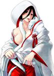  animal animal_around_neck between_breasts black_hair blush breasts brown_eyes hood japanese_clothes kimono looking_at_viewer medium_breasts miko original satou_saori snake solo uchikake white_snake 