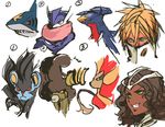  2girls aqua_eyes arrancar bleach blonde_hair bouffalant brown_hair crossover dark_skin franceska_mila_rose garchomp green_eyes greninja grin highres long_hair luxray multiple_girls nameo_(judgemasterkou) pokemon pyroar rough sharpedo smile tier_harribel 