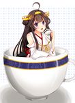  :d ahoge blush brown_hair cup detached_sleeves double_bun giant_object hairband headgear in_container in_cup japanese_clothes kantai_collection kongou_(kantai_collection) long_hair looking_at_viewer nontraditional_miko open_mouth purple_eyes smile solo sotogawa_max teacup 