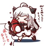  &gt;_&lt; :d ahoge ammunition carrying chibi closed_eyes commentary dress heart highres horns kantai_collection long_hair machinery mittens northern_ocean_hime nuu_(nu-nyu) open_mouth pale_skin running shinkaisei-kan smile solo translated turret white_background white_dress white_hair xd 