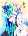  &lt;3 2014 anthro big_breasts bikini blue_hair breasts cleavage clothed clothing cutie_mark duo equine female friendship_is_magic fur hair horn huge_breasts long_hair looking_at_viewer male mammal mleonheart multi-colored_hair my_little_pony navel original_character princess_celestia_(mlp) sling_bikini smile swimsuit unicorn white_fur winged_unicorn wings 