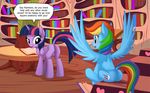  2014 blue_fur blush book butt cutie_mark dialog duo english_text equine female feral friendship_is_magic fur hair horn inside library mammal multi-colored_hair my_little_pony mysticalpha pegasus purple_fur rainbow_dash_(mlp) rainbow_hair sitting standing text twilight_sparkle_(mlp) wing_boner winged_unicorn wings 