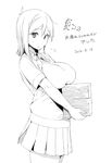  blush breast_rest breasts chikurin_(sasamori_tomoe) comiket_86 dated from_side greyscale large_breasts lineart monochrome original pleated_skirt sasamori_tomoe school_uniform skirt solo stack sweater_vest 