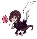  1girl akemi_homura barefoot black_hair bloomers blush dress dress_lift embarrassed from_behind full_body funeral_dress hairband hands long_hair looking_at_viewer looking_back mahou_shoujo_madoka_magica mahou_shoujo_madoka_magica_movie minigirl papeapoo purple_eyes salamander_tail simple_background solo_focus spoilers tail underwear white_background 