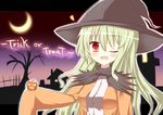  ;d brown_eyes crescent_moon gaius_(nikoniko2) green_hair halloween hat jack-o'-lantern long_hair looking_at_viewer moon one_eye_closed open_mouth original sleeves_past_wrists smile solo witch_hat 