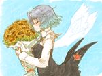  bouquet closed_eyes flower military military_uniform necktie russian ryou_(shirotsumesou) sanya_v_litvyak short_hair silver_hair solo star strike_witches sunflower translated uniform wings world_witches_series 