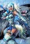  1girl armor barioth barioth_(armor) belt blue_eyes capcom chickenb dark_skin female fur long_hair monster_hunter monster_hunter_3 navel open_mouth shoulders solo stomach sword weapon white_hair 