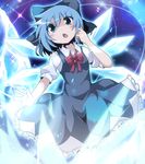  blouse blue_dress blue_eyes blue_hair bow cirno do_(4-rt) dress dress_shirt hair_bow highres ice ice_wings open_mouth puffy_sleeves red_bow shirt short_hair solo touhou white_shirt wings 