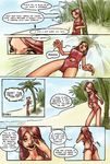  beach bones_(artist) cleavage clothed clothing comic female giraffe hair human mammal one-piece_swimsuit red_hair seaside solo swimsuit tall transformation 