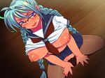  1girl areolae blue_eyes blue_hair blush braid breasts eroe glasses huge_breasts legs long_hair looking_at_viewer nipples no_bra no_panties open_mouth school_uniform shirt_lift sitting skirt solo thighs twin_braids uncensored 
