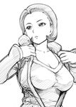 breasts captain_earth cleavage collarbone earrings greyscale jewelry large_breasts mature monochrome parted_lips short_hair sketch solo ueyama_michirou undressing uniform yomatsuri_tsubaki 