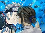  1girl aquarium black_hair bubble closed_eyes couple fish goggles goggles_on_head grey_hair hetero kiss lovemaronmeru0827 original 