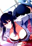  ass black_bra blouse blue_hair bra breasts cleavage glasses hair_bun highres lace lace-trimmed_bra large_breasts long_sleeves miniskirt mole mole_on_breast omega_2-d red_eyes senran_kagura sidelocks skirt suzune_(senran_kagura) top-down_bottom-up underwear 