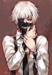  dr. dress_shirt eyepatch kaneki_ken male_focus mask necktie red_eyes shirt solo teeth tokyo_ghoul vest white_hair 