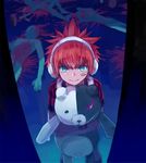  bad_id bad_pixiv_id bandaid bandaid_on_face blood blue_eyes corpse daimon_masaru_(danganronpa) danganronpa eyebrows headphones looking_at_viewer male_focus monokuma okuragon red_hair smile solo striped thick_eyebrows vertical_stripes zettai_zetsubou_shoujo 