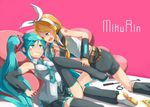  bad_id bad_pixiv_id black_legwear blonde_hair blue_eyes blush boots breasts character_name clenched_teeth collar cuffs detached_sleeves eighth_note fang green_eyes green_hair hair_ornament hair_ribbon hairclip hand_on_another's_leg handcuffs hatsune_miku kagamine_rin kneeling long_hair looking_at_another medium_breasts multiple_girls musical_note musical_note_print nail_polish neckerchief necktie number open_mouth pink_background pleated_skirt profile ribbon riding_crop sailor_collar shaded_face shirt short_hair shorts sideways_mouth sitting skirt sweat teeth thigh_boots thighhighs twintails u_(mikaduki0720) very_long_hair vocaloid 