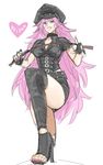  absurdres alternate_costume big_hair dominatrix final_fight fingerless_gloves gloves grin hat highres lips peaked_cap pink_hair poison_(final_fight) police police_uniform policewoman riding_crop single_thighhigh sketch smile solo stepped_on tetsu_(kimuchi) thighhighs toenail_polish uniform 