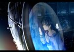  against_glass bad_id bad_pixiv_id brown_hair collarbone commentary computer crying earth highres kurono_kuro letterboxed male_focus original reflection sad solo space space_craft spacesuit tears window 