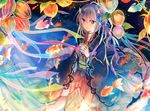  :3 bangs chinese_lantern_(plant) colorful cupping_hands fish hair_ornament holding horns japanese_clothes kazu_(muchuukai) kimono light_particles long_hair long_sleeves oni_horns open_mouth original ornament purple_hair red_eyes short_kimono sitting solo surreal wide_sleeves 