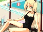  against_glass animal_ears ball beachball black_swimsuit blonde_hair blush breasts cat_ears cat_tail character_name cleavage collarbone cup drink drinking_straw german glass green_eyes hand_on_own_knee heinrike_prinzessin_zu_sayn-wittgenstein indoors kiko_(strategist) long_hair noble_witches pool sitting small_breasts smile solo swimsuit tail text_focus translated water world_witches_series 