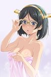  :o adjusting_eyewear bare_shoulders black_hair blush breasts collarbone glasses green-framed_eyewear headgear kantai_collection kirishima_(kantai_collection) large_breasts naked_towel shian_(my_lonly_life.) short_hair solo towel upper_body wet 