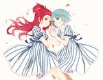  aki_(645451622) blue_eyes blue_hair dress hair_ornament highres holding_hands leaf mahou_shoujo_madoka_magica miki_sayaka multiple_girls red_eyes red_hair sakura_kyouko smile striped striped_dress vertical-striped_dress vertical_stripes white_background yuri 