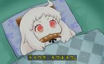  ahoge aikatsu! aikatsu!_(series) blanket checkered fooyuta horns kantai_collection lying northern_ocean_hime open_mouth parody pillow red_eyes shinkaisei-kan solo translated white_hair white_skin 