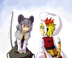  animal_ears black_hair blonde_hair blush capelet grey_hair mouse_ears mouse_tail multicolored_hair multiple_girls nazrin open_mouth red_eyes shawl smile sweatdrop tail tiger_ears tiger_tail toramaru_shou touhou two-tone_hair yomegane 