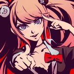  &gt;:) bear_hair_ornament blue_eyes bow bra breasts cleavage danganronpa danganronpa_1 dutch_angle enoshima_junko hair_ornament ilya_kuvshinov long_hair looking_at_viewer medium_breasts parted_lips pink_hair pointing pointing_at_viewer revision sleeves_rolled_up smile solo spoilers twintails underwear upper_body v-shaped_eyebrows 