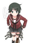  alternate_bottom_wear alternate_costume black_hair kantai_collection kugui_kiyunemu long_sleeves mogami_(kantai_collection) school_uniform serafuku short_hair skirt skirt_lift solo translated white_background 