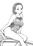 bare_shoulders beach_chair breasts captain_earth competition_swimsuit earrings greyscale jewelry large_breasts mature monochrome one-piece_swimsuit shiny shiny_hair short_hair sitting smile solo swimsuit ueyama_michirou yomatsuri_tsubaki 