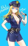  alternate_costume ayase_eli black_gloves blonde_hair blue_background blue_eyes blue_nails breasts character_name cleavage copyright_name cuffs fingerless_gloves gloves hair_down hand_on_hip handcuffs kisaragi_mizu long_hair love_live! love_live!_school_idol_project medium_breasts nail_polish no_bra police police_uniform policewoman solo uniform 