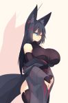  animal_humanoid big_breasts black_hair blue_eyes breasts canid canid_humanoid canine canine_humanoid clothed clothing female fox_humanoid hair huge_breasts humanoid inner_ear_fluff japanese_clothing kimono kiri_(sub-res) legwear long_hair mammal one_eye_closed solo sub-res thigh_highs 