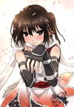  bangs blush brown_eyes brown_hair cherry_blossoms dated double-breasted elbow_gloves fingerless_gloves gloves go-it kantai_collection looking_at_viewer remodel_(kantai_collection) sendai_(kantai_collection) short_hair signature solo two_side_up 
