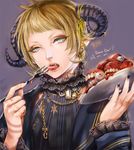  blonde_hair blue_eyes dr. eyeball fork guro horns original short_hair solo tattoo teeth tongue 