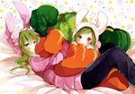  animal_hood bad_id bad_pixiv_id blush bunny_hood dual_persona green_hair hood kagerou_project kido_tsubomi long_hair mitsu_yomogi multiple_girls red_eyes time_paradox 