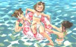  anyasu barefoot bikini black_hair blush_stickers brown_eyes brown_hair eyewear_on_head feet grin innertube multiple_girls open_mouth original short_hair short_twintails smile soles sunglasses swimsuit toes twintails water wavy_mouth 